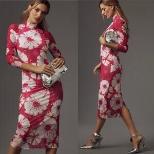 Anthropologie Long-Sleeve Mock-Neck Mesh Printed Slim Midi Dress Pink XXS Retro